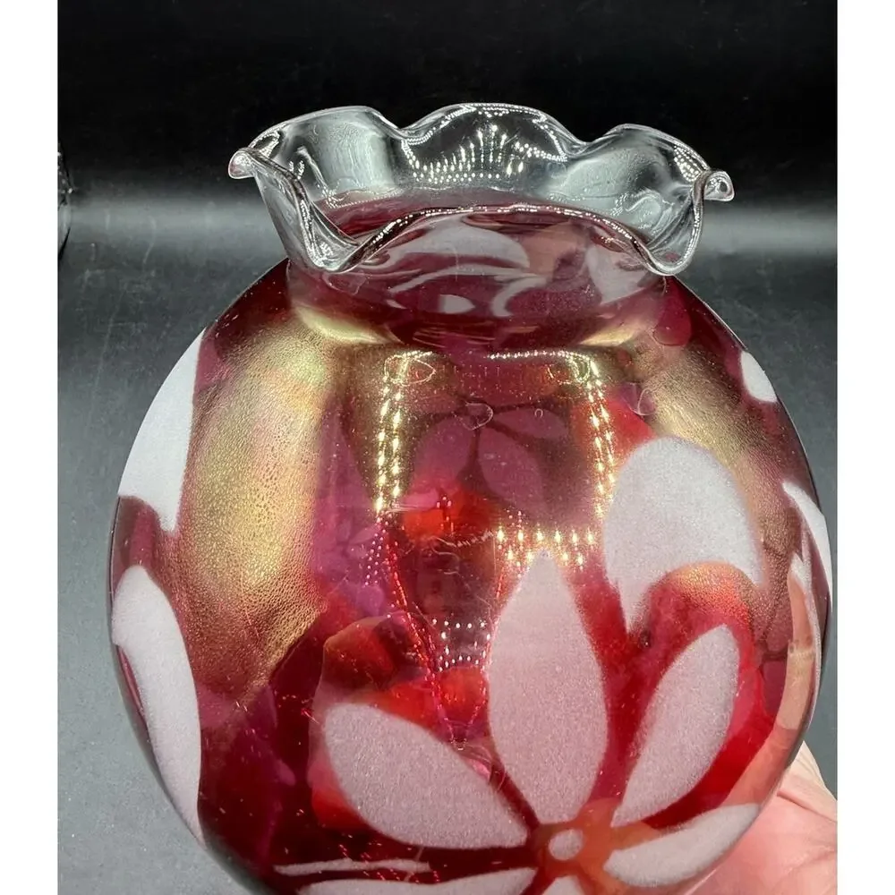 Cranberry Flower Rose Bowl Vase Glass Etched Pedestal Ruffled Rim Vintage